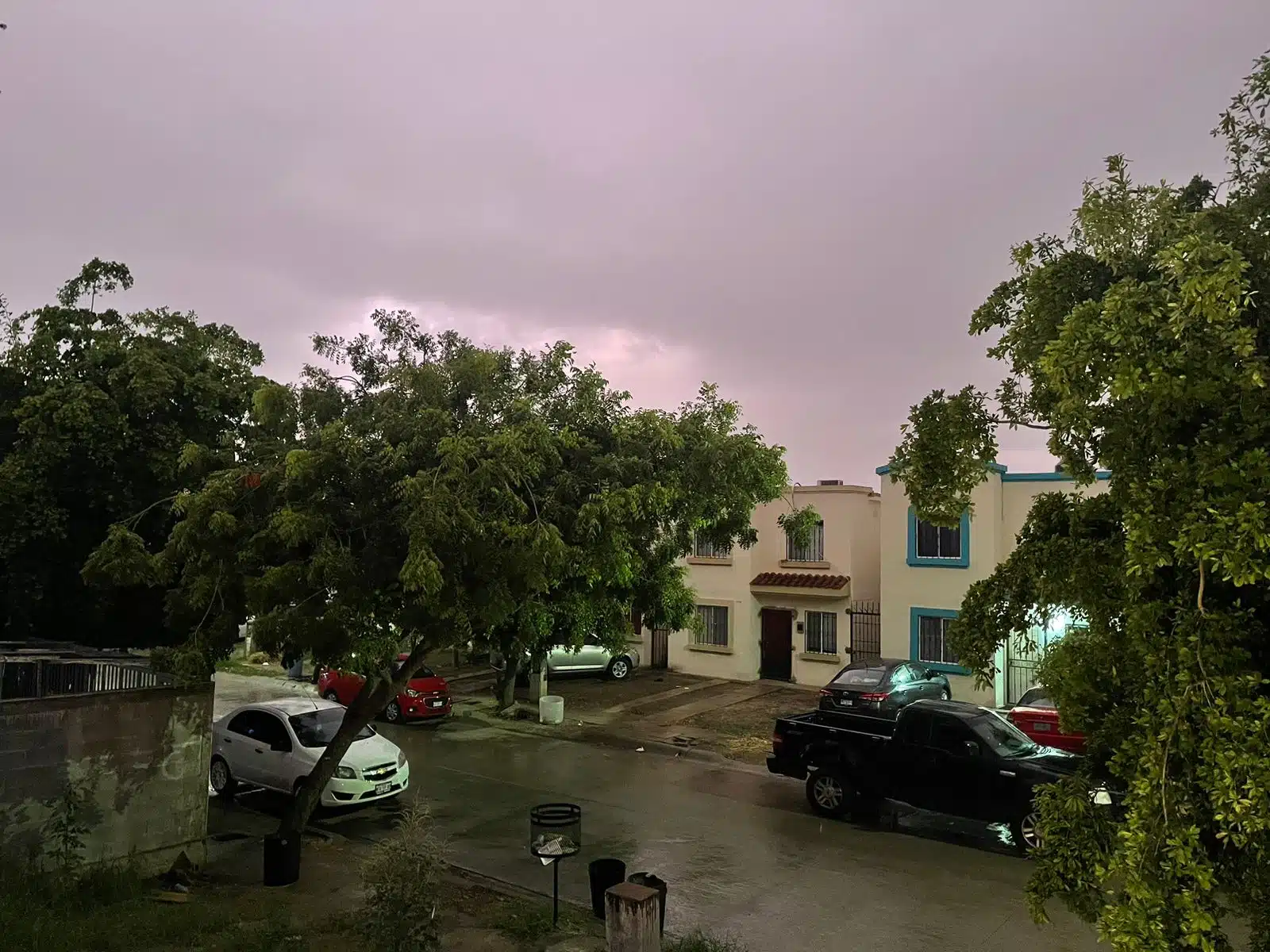 Lluvia ligera, árboles, casas y carros