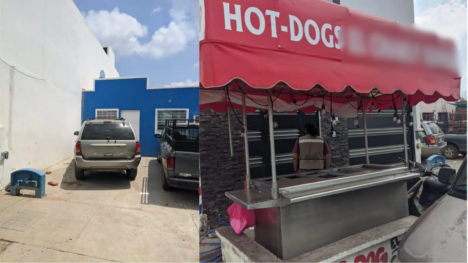 Casa azul de lado izquierdo y negocio de hotdog de lado derecho