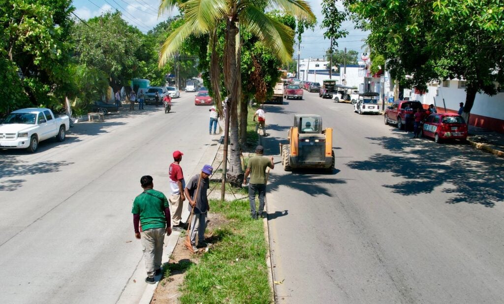 Personas realizando limpieza en avenida Emilio Barragán en Mazatlán