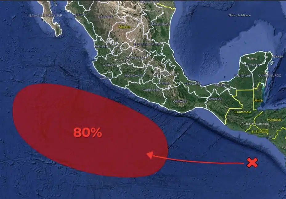 Mapa que marca un 80 por ciento de probabilidad de desarrollo ciclónico en el Pacífico mexicano