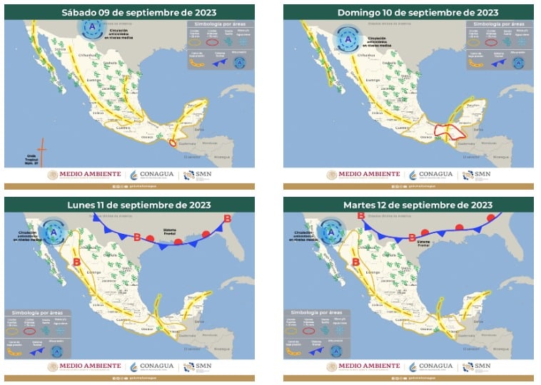 4 imágenes en las que se observa como viene el pronóstico del clima extendido a 96 horas para México
