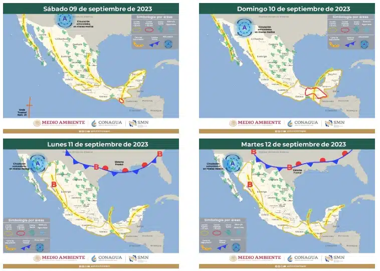 4 imágenes en las que se observa como viene el pronóstico del clima extendido a 96 horas para México