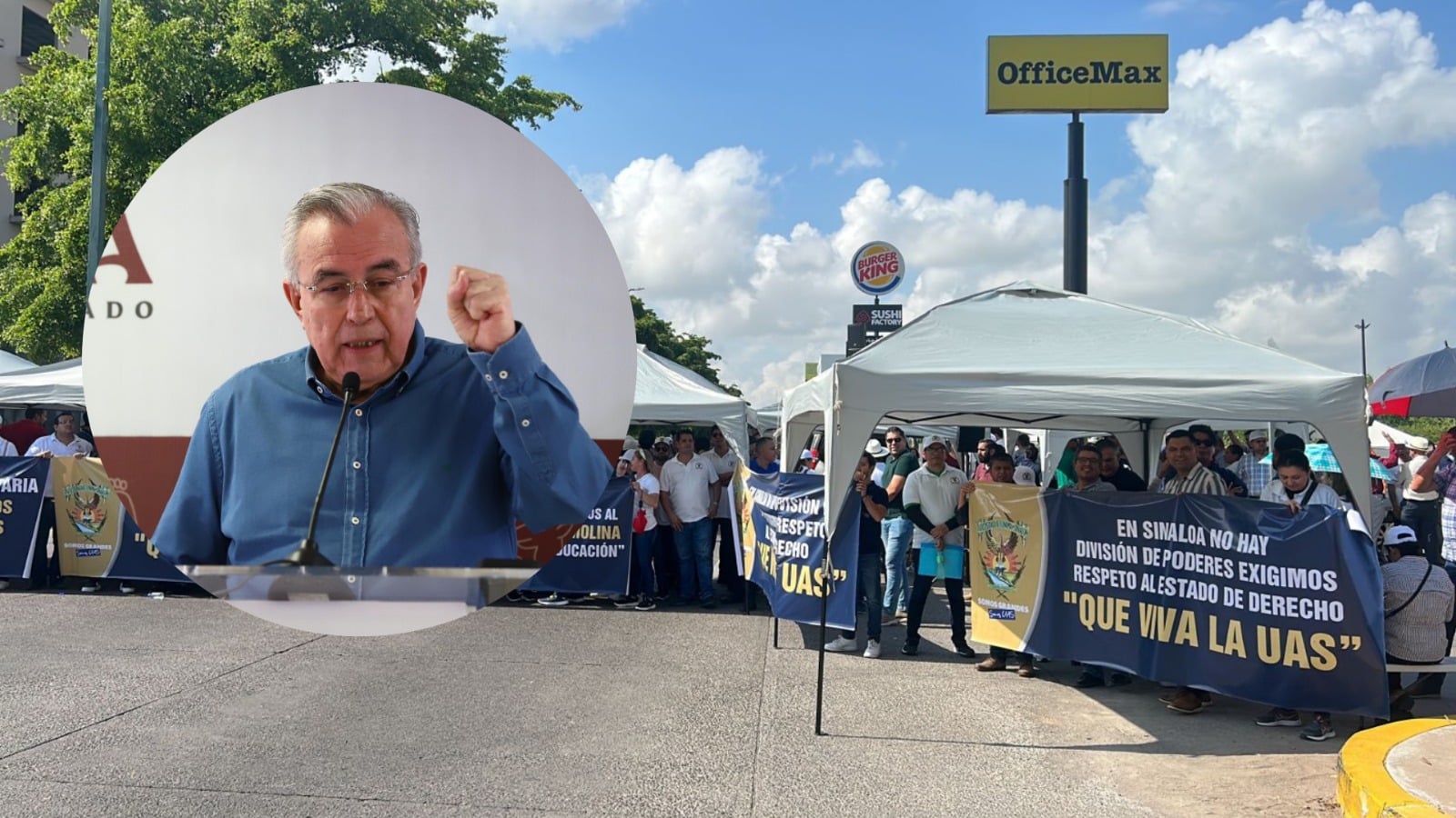 En un circulo una persona y a un lado personas con lonas bajo una carpa