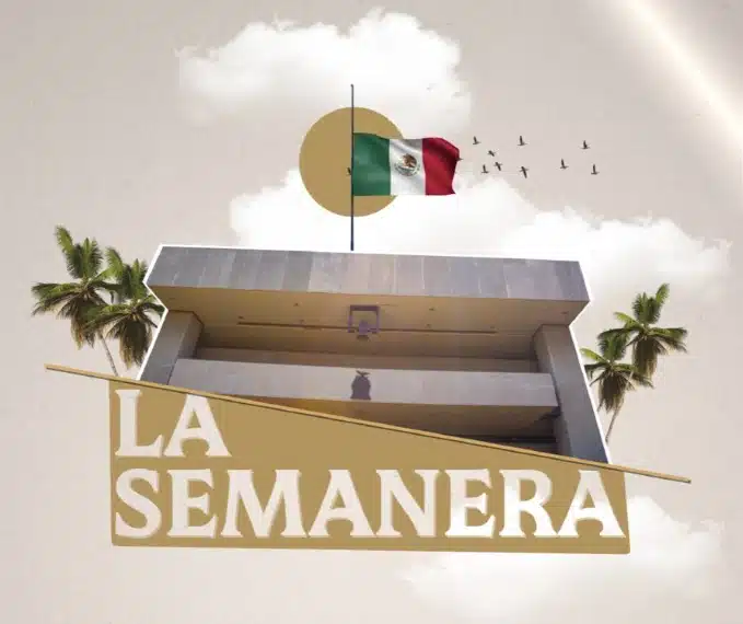 Bandera de México arriba de un edificio, pájaros volado, nubes y palmeras, letras