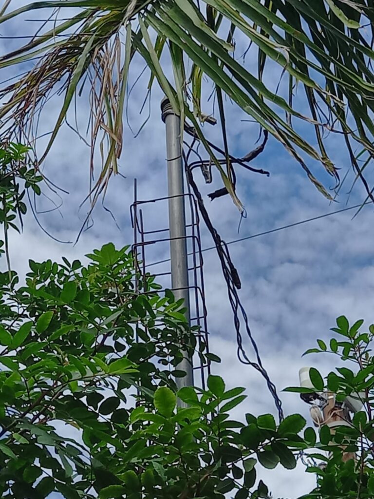 Cables y tubo de la mufa por donde pasa la electricidad, nubes y palmeras