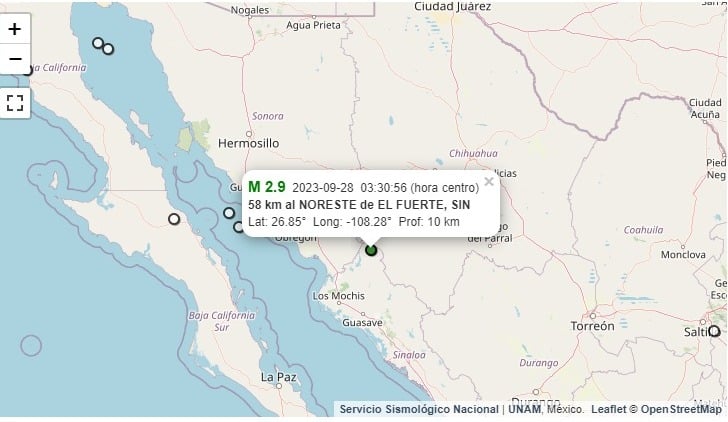 Mapa de México con un punto que marca un sismo