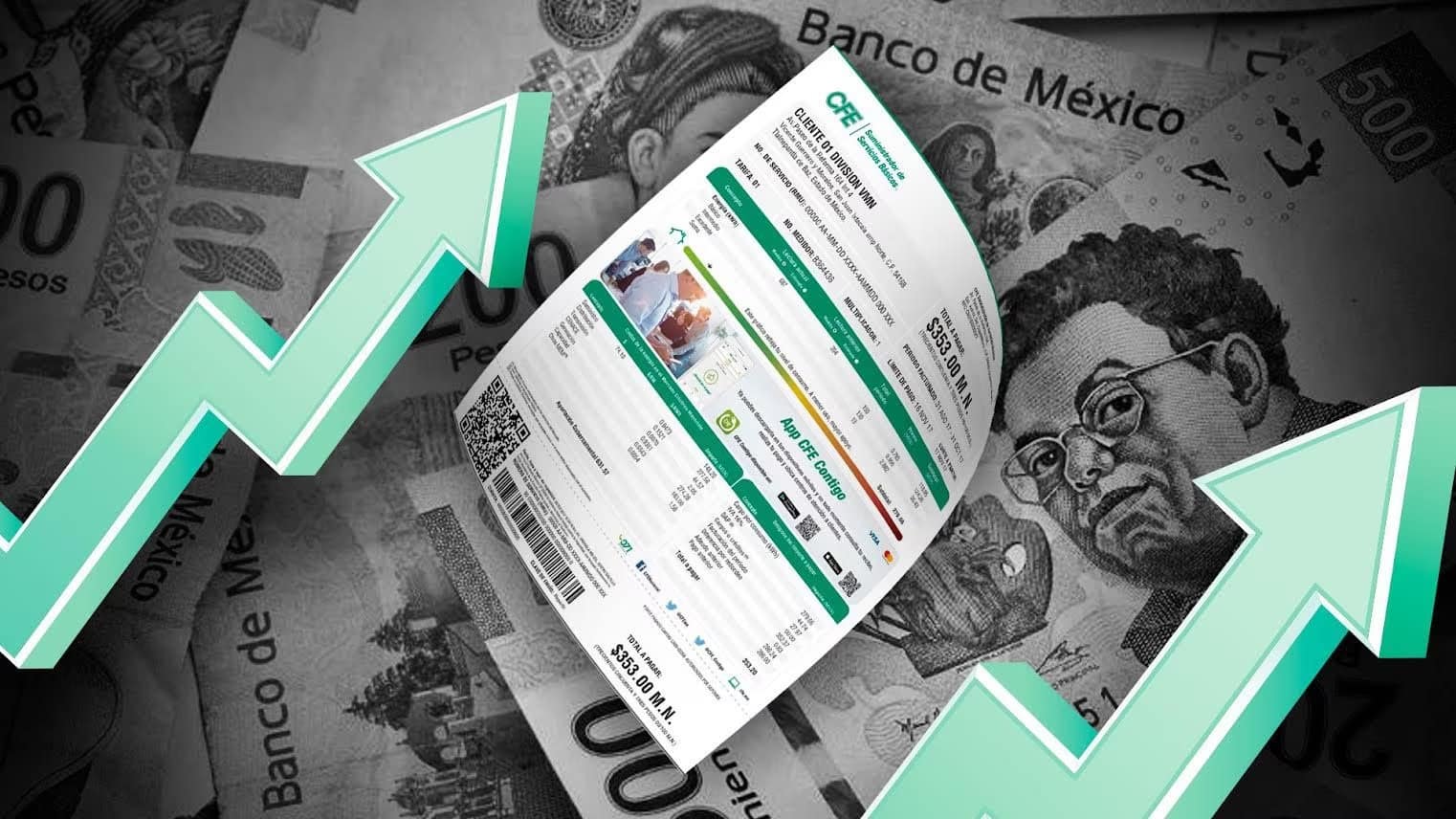 Imagen de flechas de incremento y recibo de cfe con fondo de billetes