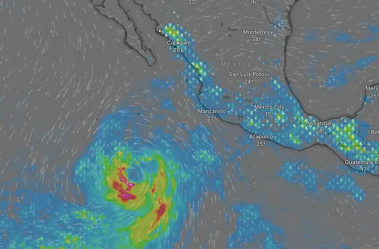 Mapa de México con una proyección de la trayectoria de una posible tormenta tropical
