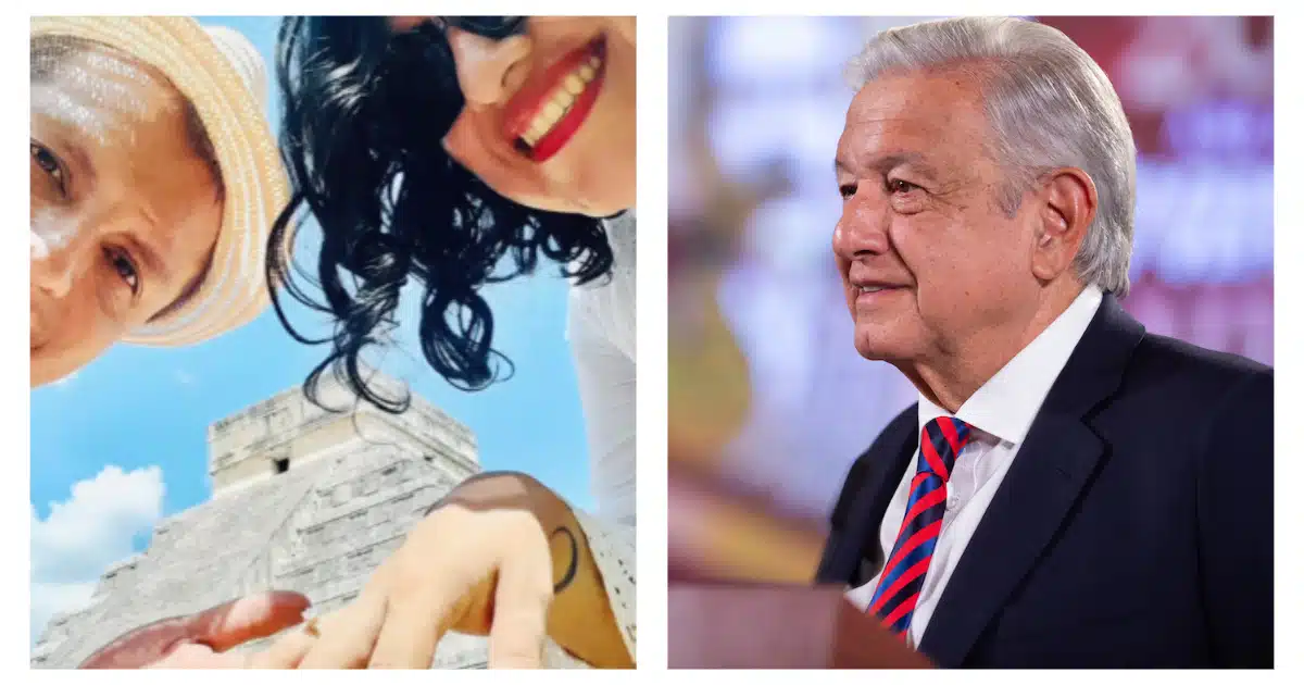 A la izquierda: la pareja que se comprometió. A la derecha: el presidente López Obrador