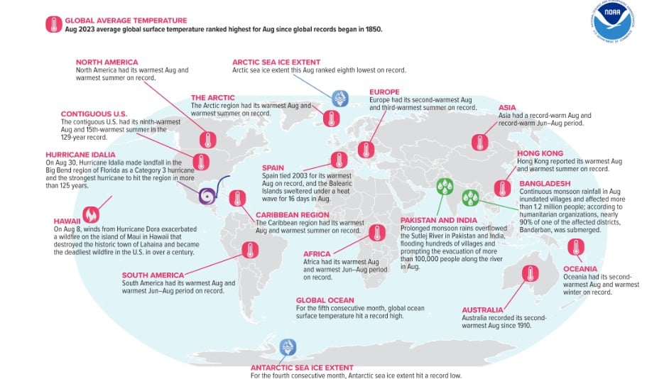 Mapa de eventos significativos ocurridos durante el mes de agosto de 2023. NOAA.