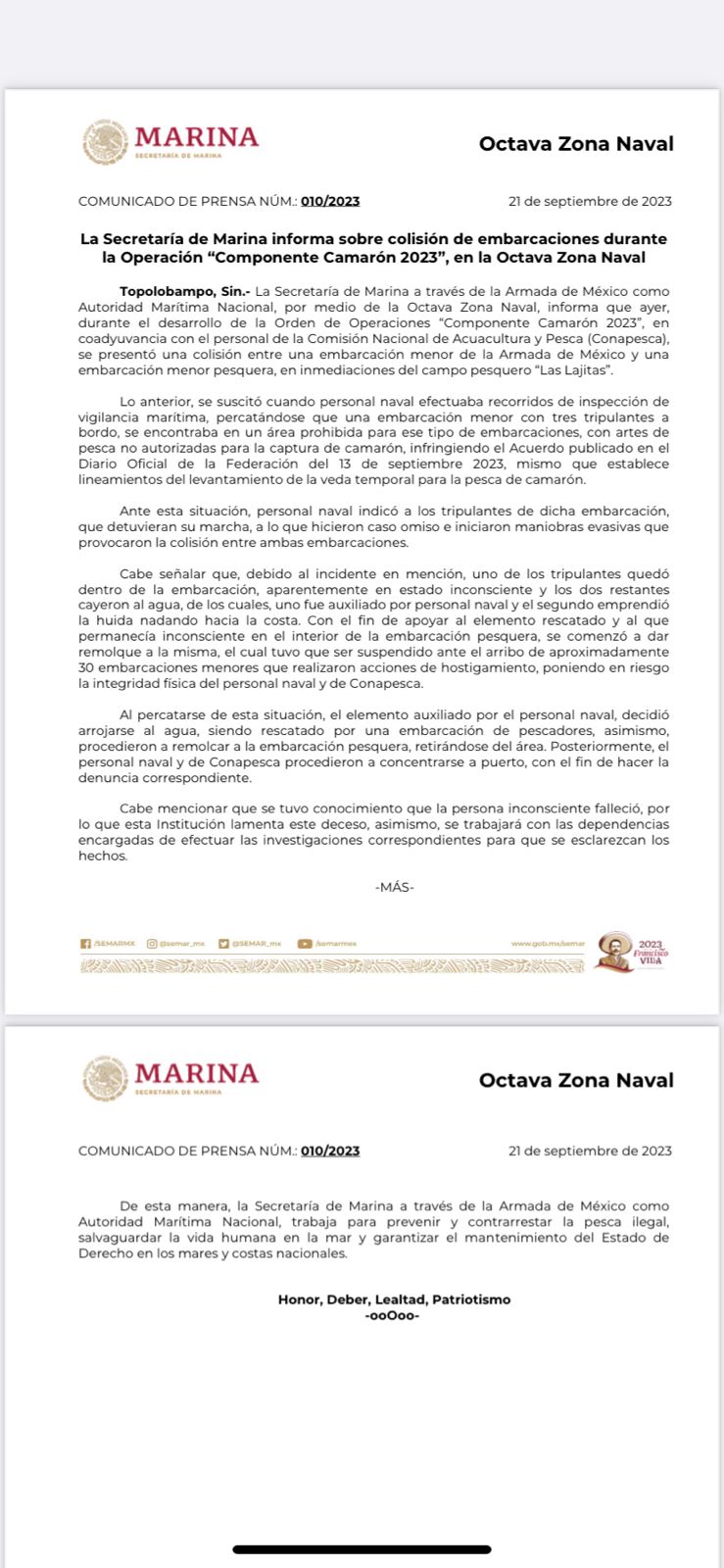 Comunicado de la Secretaría de Marina