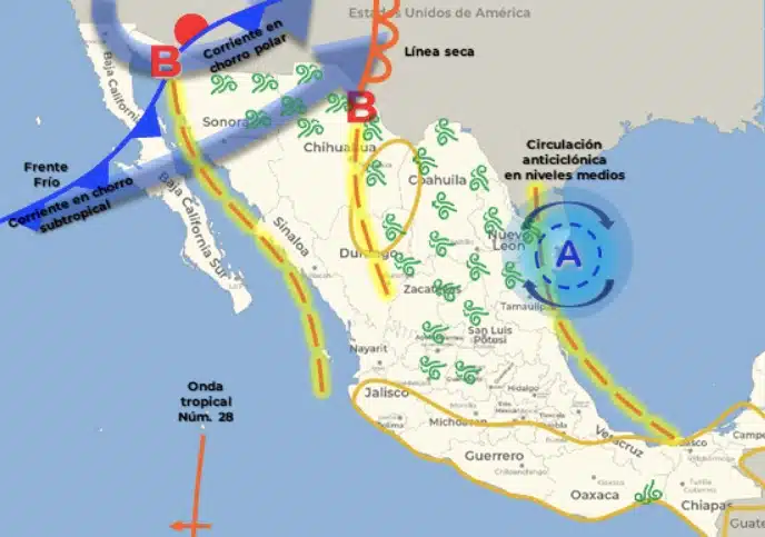 Mapa de México sobre frente frío