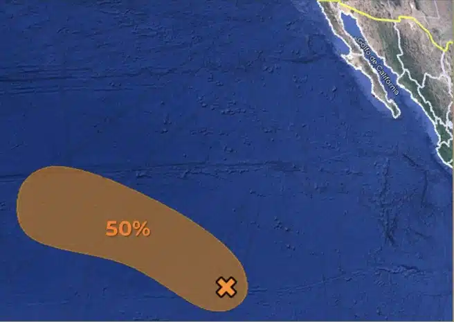 Mapa que marca un 50 por ciento de probabilidad de desarrollo ciclónico en el Pacífico mexicano