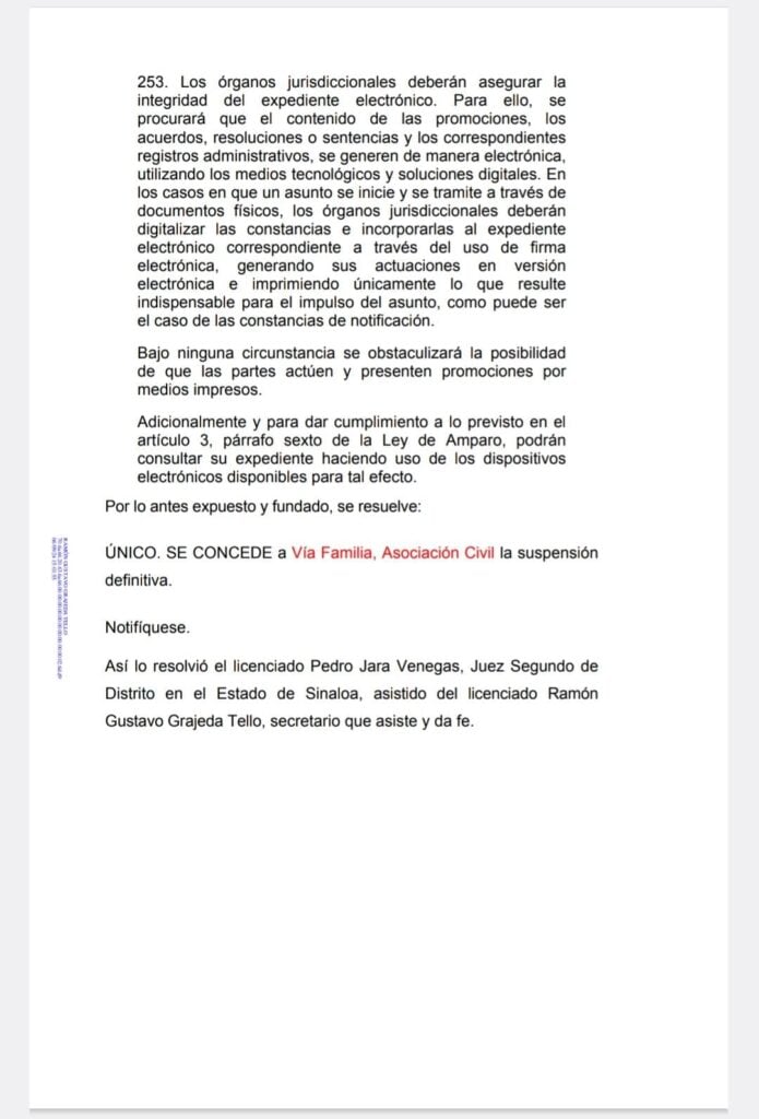 Documento emitido por el Juzgado Segundo de Distrito en el estado