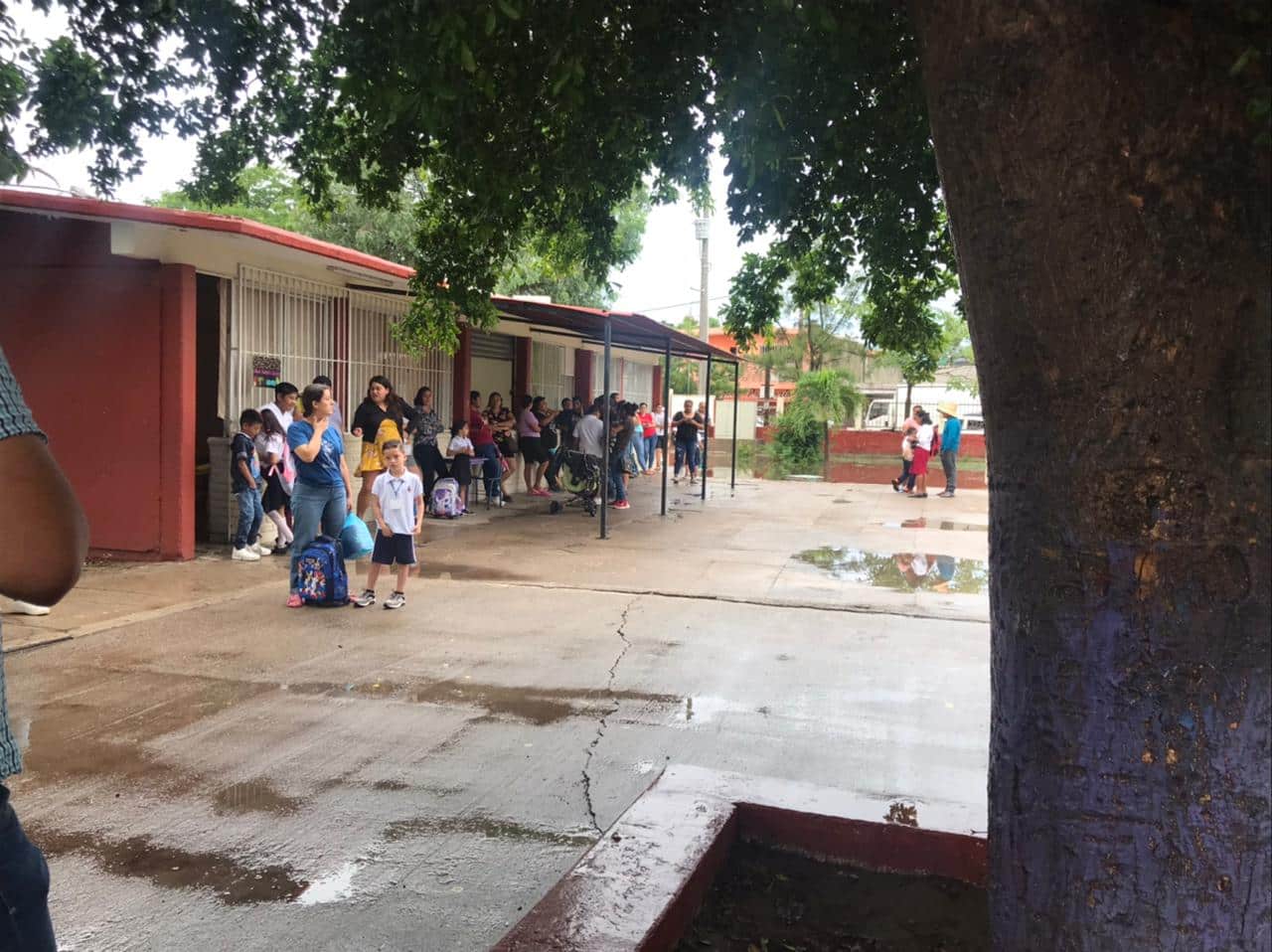Niños y padres de familia en los pasillos de una escuela
