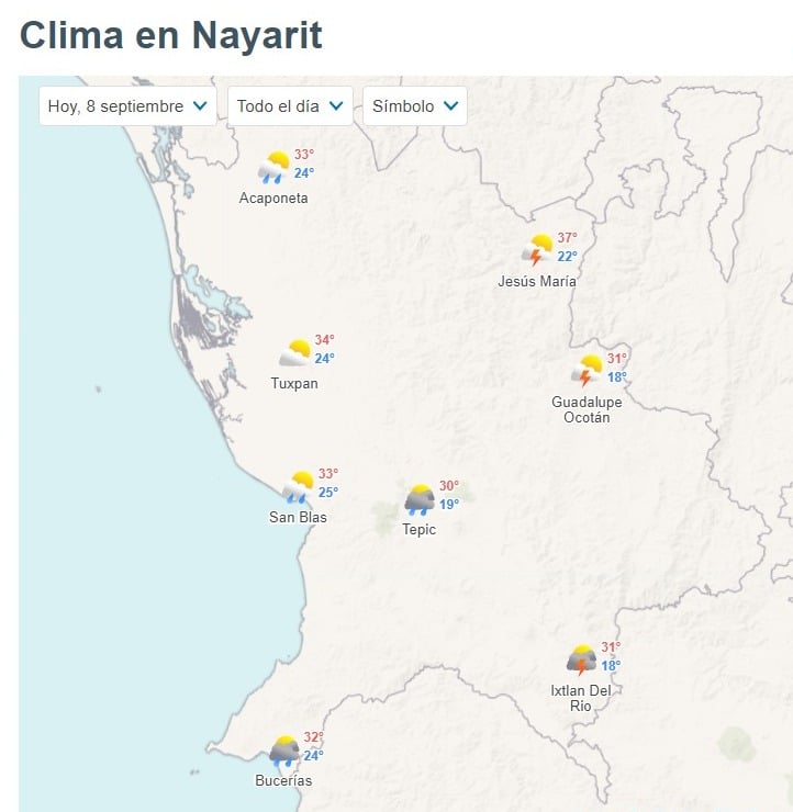 Mapa de clima en Nayarit