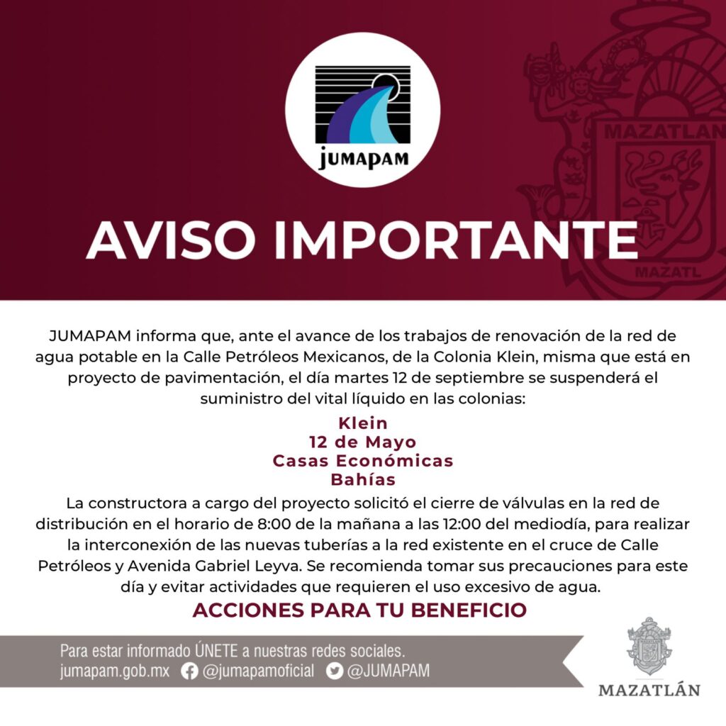 Aviso de Jumapam por suspensión del servicio de agua potable