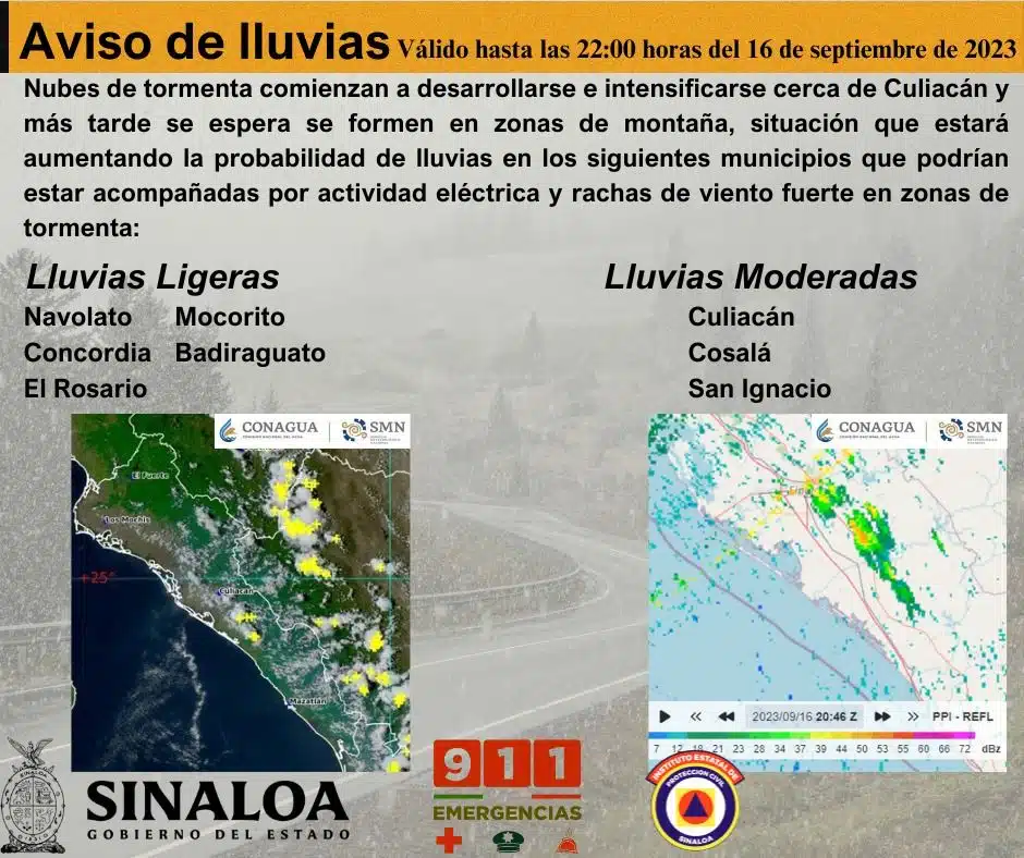 Pronóstico de lluvias en Sinaloa, emitido por Protección Civil este sábado 16 de septiembre
