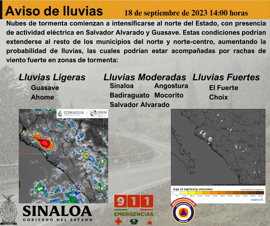 Aviso de lluvias emitido por Protección Civil Sinaloa