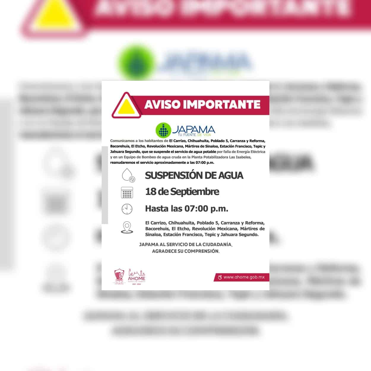 AVISO DE SUSUPENSIÓN DE AGUA DE JAPAMA.