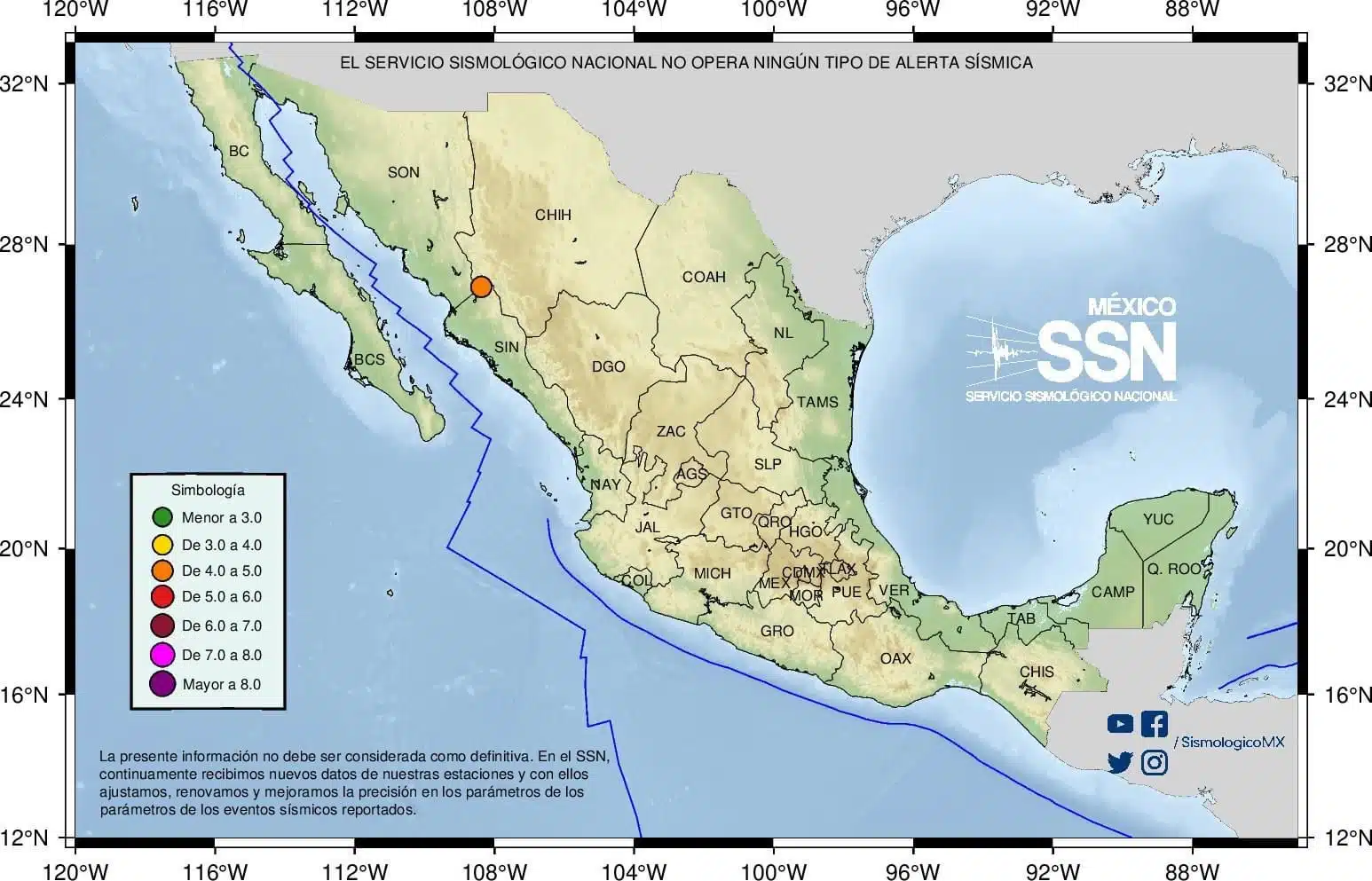 Mapa de México que muestra sismo