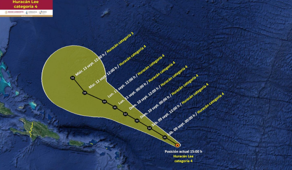 trayectoria del huracán Lee en el Atlántico