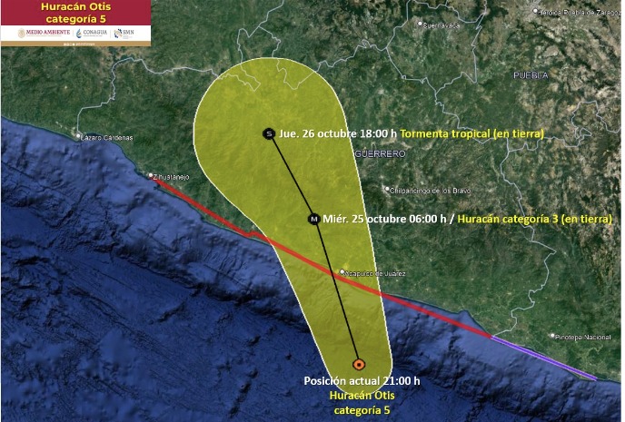 Imagen de la trayectoria pronosticada del huracán Otis
