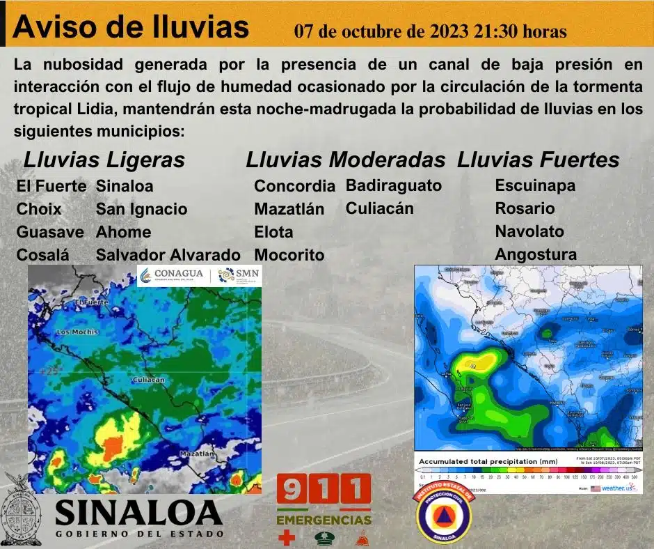 Aviso de lluvias para el estado de Sinaloa este 7 de octubre de 2023