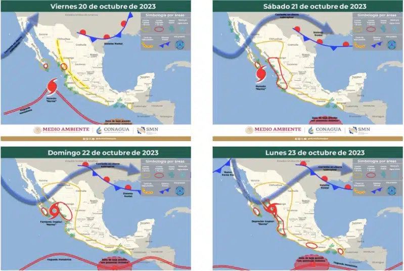 Cuatro imágenes en las que se muestra el pronóstico del clima para México a cuatro días