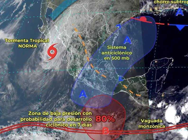 Mapa de México que muestra los sistemas meteorológicos activos dentro de las siguientes 12 horas