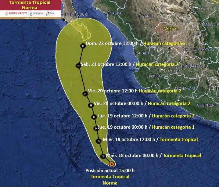 Mapa de México en el que se muestra el pronóstico de evolución y desplazamiento de la tormenta tropical y eventual huracán Norma