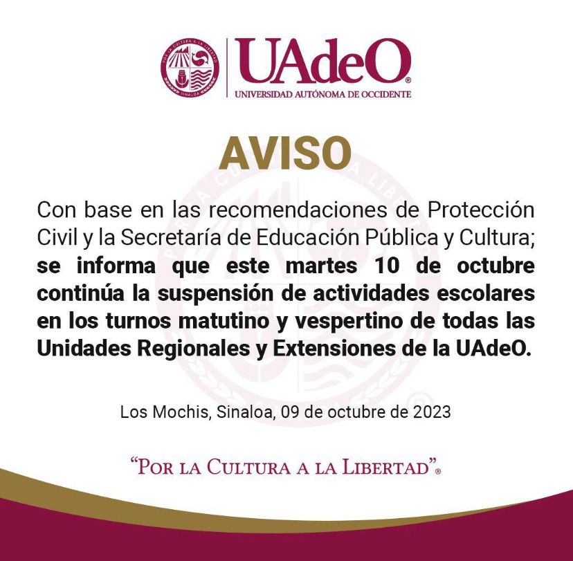 Aviso de suspensión de clases de la UAdeO