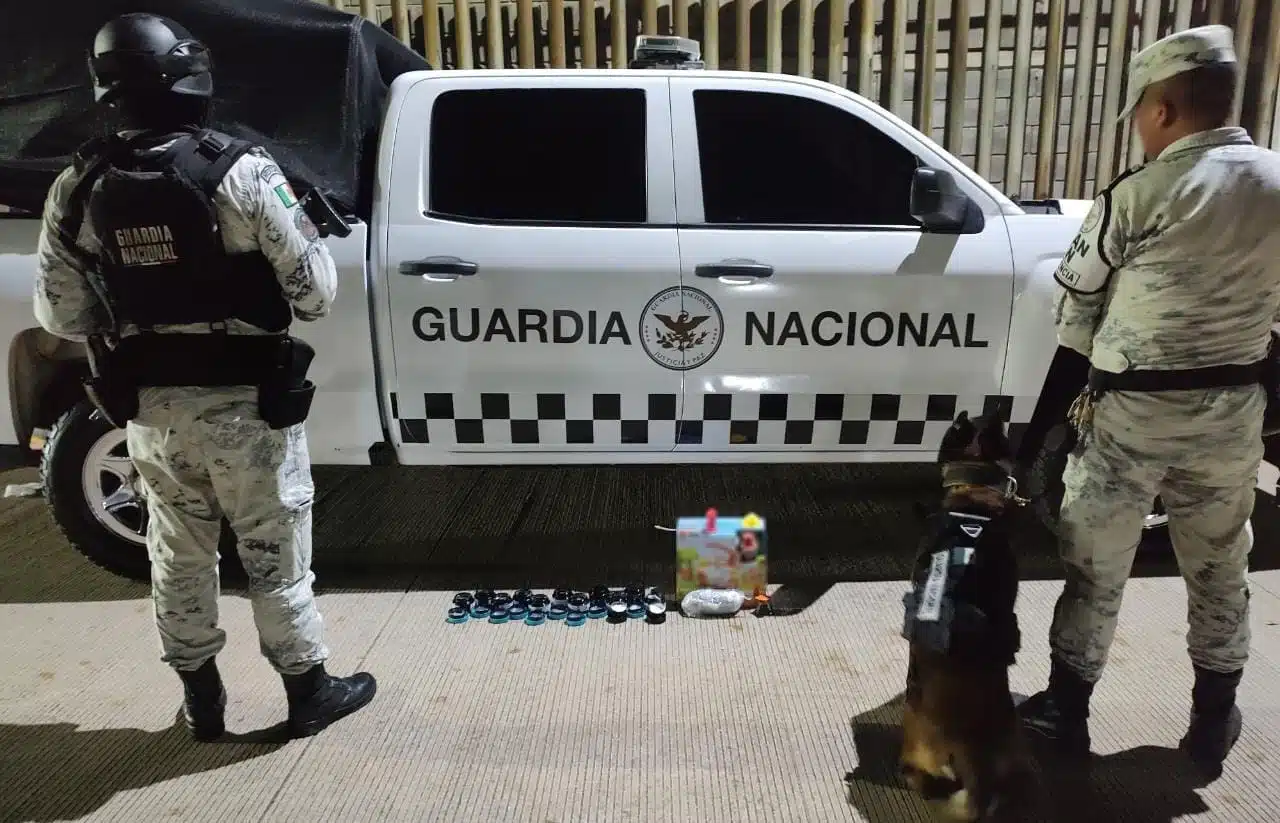 Elementos de la Guardia Nacional, un binomio canino y los artículos asegurados que contenían presunta droga