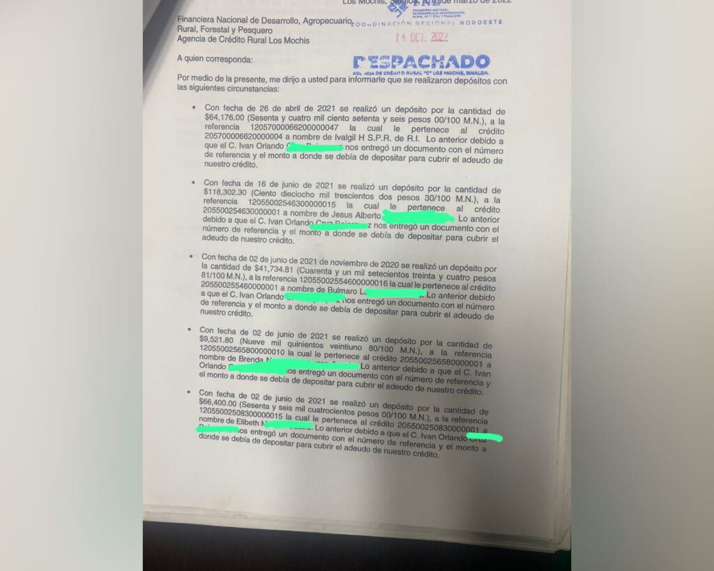 Documento entregado por la FND a los productores fraudeados en los que la institución refiere a qué cuentas se desviaron los depósitos