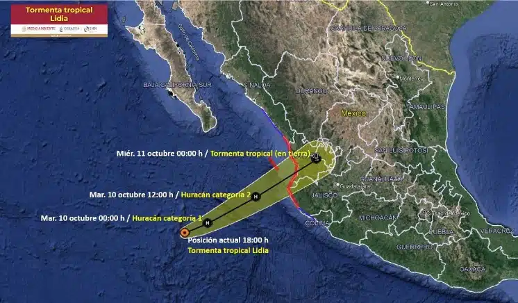 Mapa de México en el que se aprecia el pronóstico de la tormenta tropical Lidia