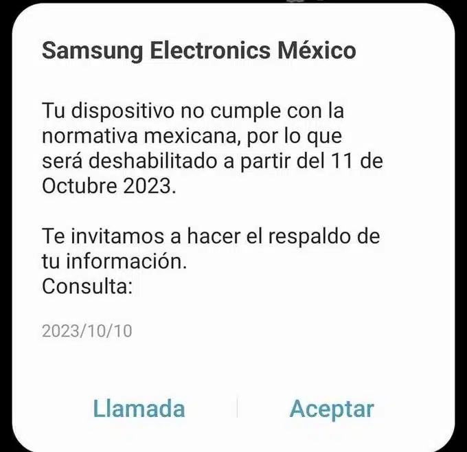 Mensaje que ha llegado a los usuarios de Samsung que compraron su dispositivo en un distribuidor no autorizado 