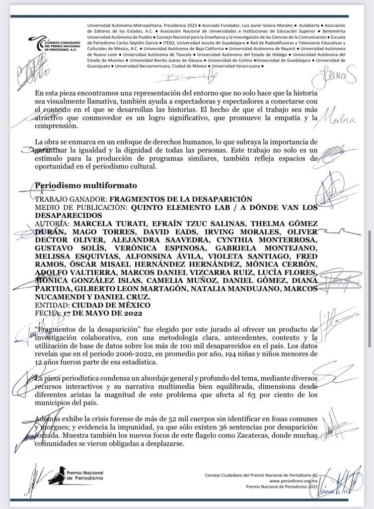 Documento en el que se reconoce a Marcos Vizcarra como ganador del premio como el mejor trabajo de Periodismo Multiformato