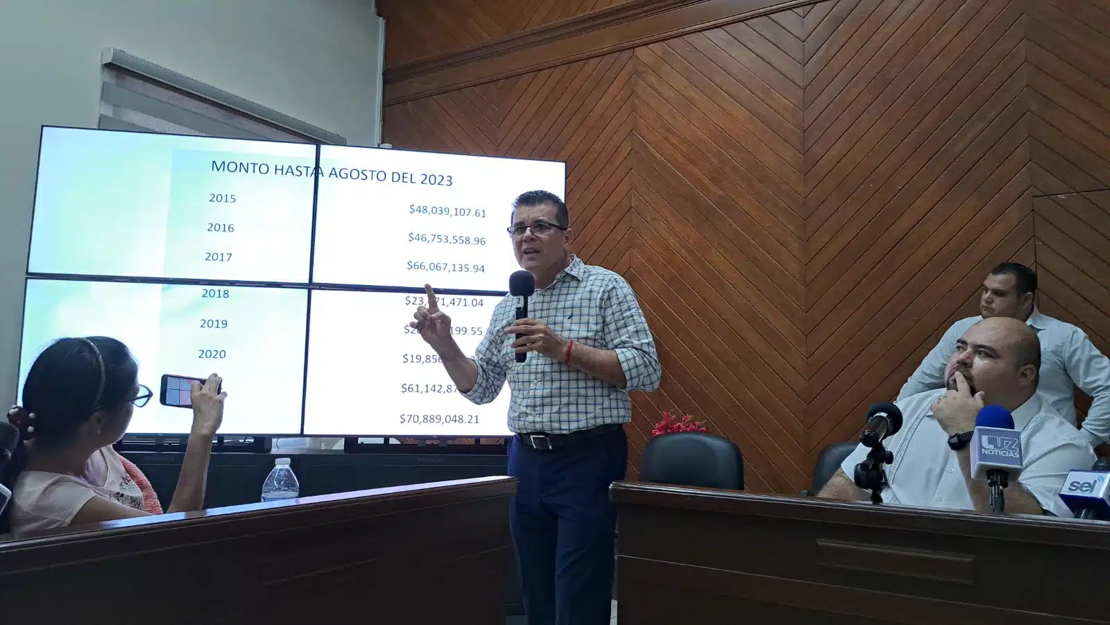 Édgar González Zataráin mostrando el monto de inversión en Mazatlán