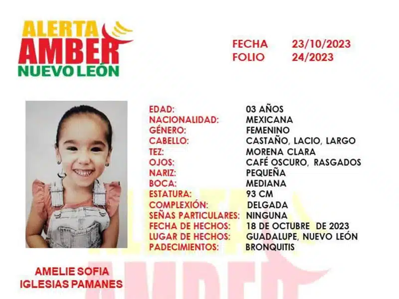 Desaparece Amelie Sofía en Nuevo León