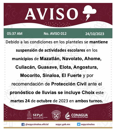 Aviso de suspensión de clases por parte de Sepyc