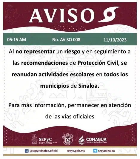 Aviso de SEPyC sobre clases en Sinaloa