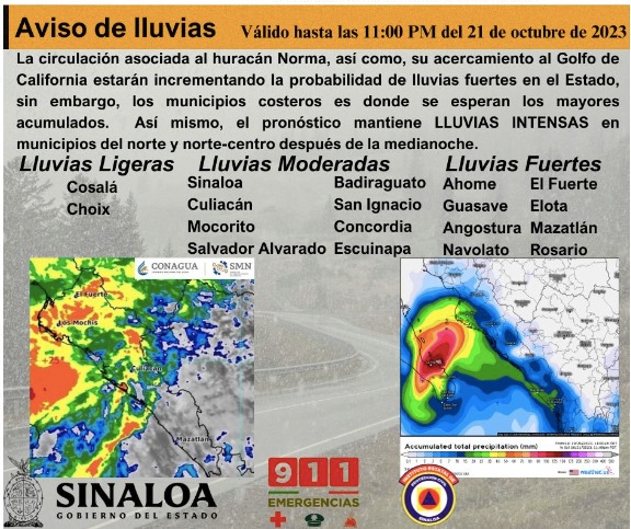 Alerta de lluvias valido hasta las 23 horas del sábado 21 de octubre. 