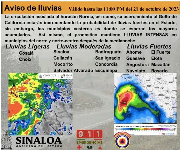 Alerta de lluvias valido hasta las 23 horas del sábado 21 de octubre. 