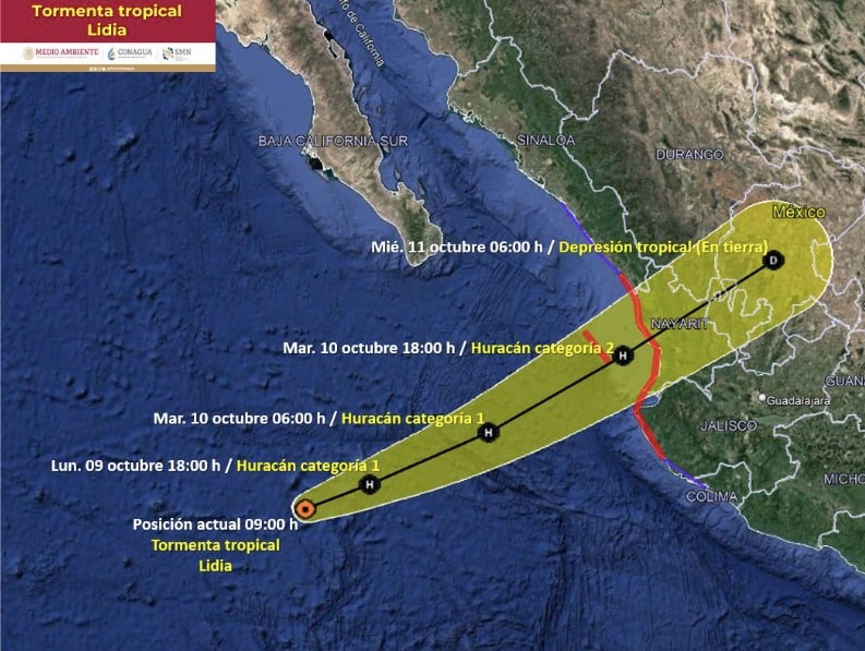 Trayectoria de la tormenta tropical Lidia en el océano Pacífico