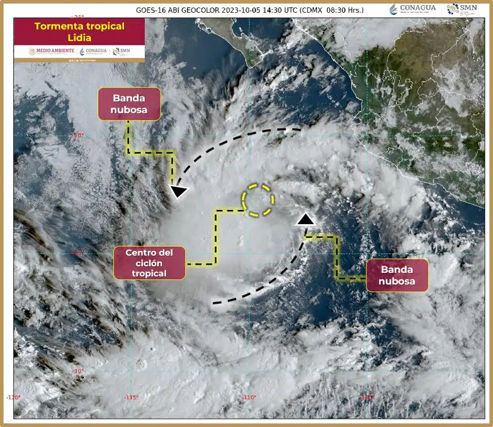 Bandas nubosas de la tormenta tropical Lidia en el océano Pacífico