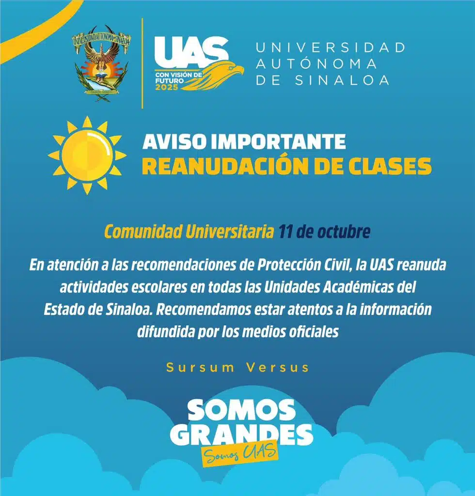 Aviso de reanudación de clases de la UAS