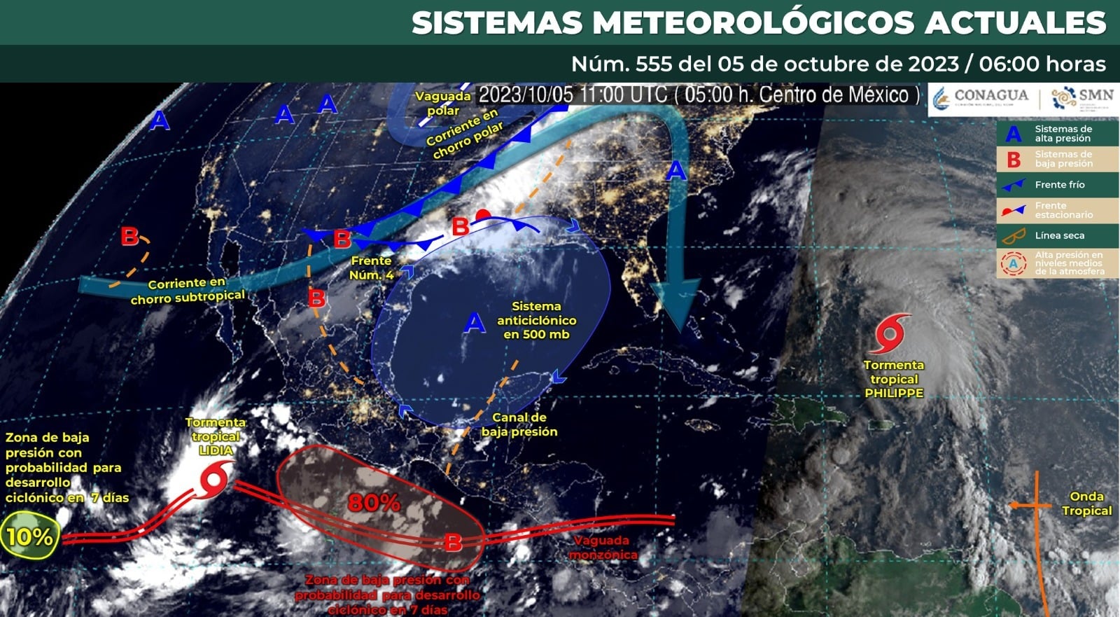 Mapa del Servicio Meteorológico Nacional con sistemas activos