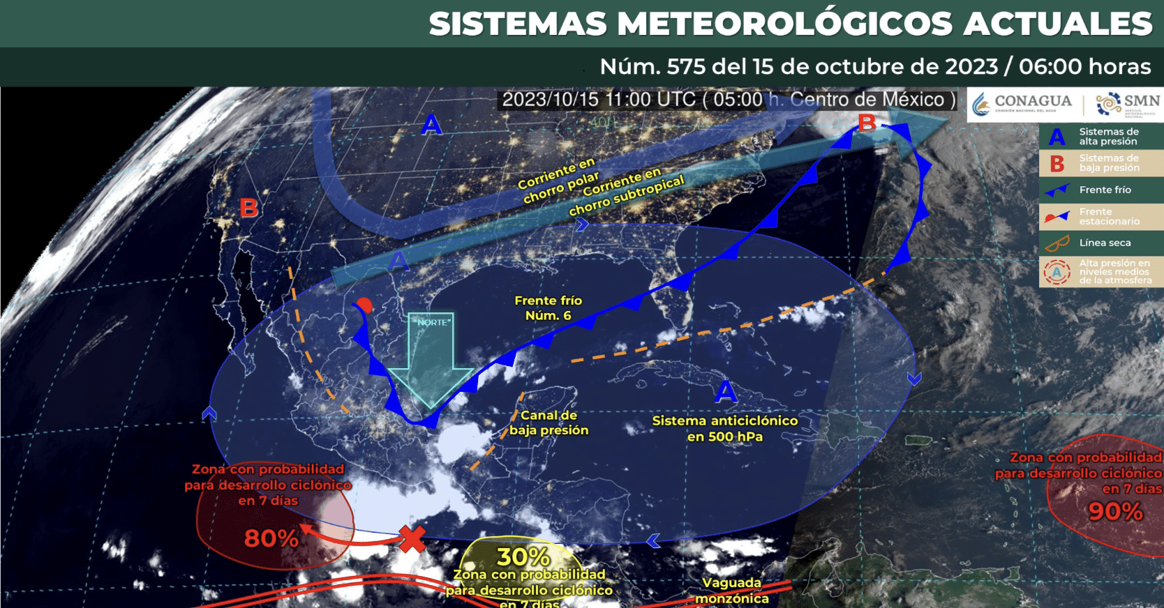 Mapa del Servicio Meteorológico Nacional con sistemas activos