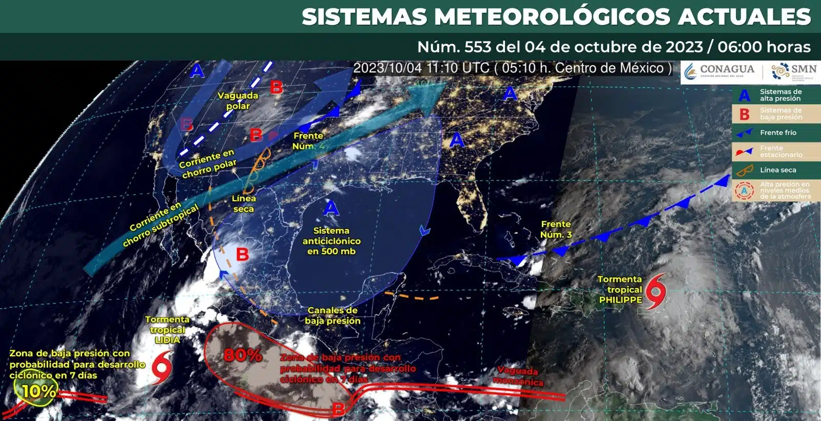 Mapa del Servicio Meteorológico Nacional con sistemas activos