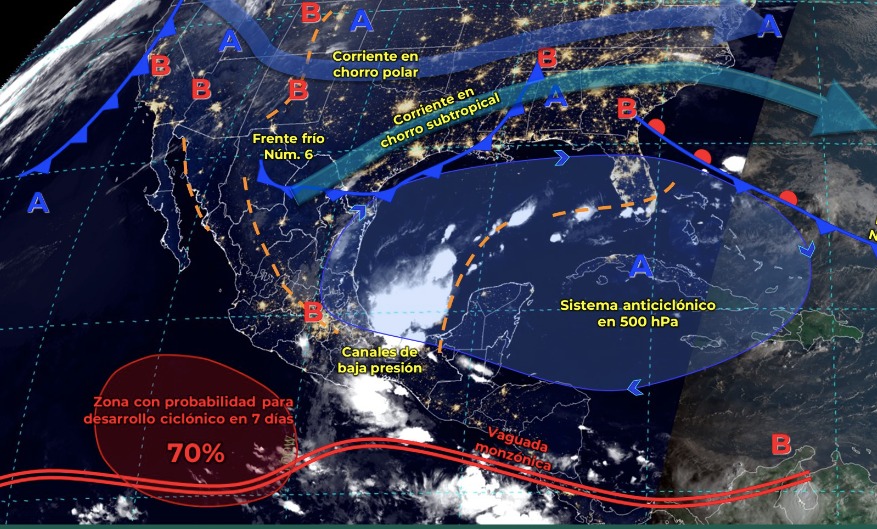 Mapa de sistemas meteorológicos climatológicos este sábado 14 de octubre en México